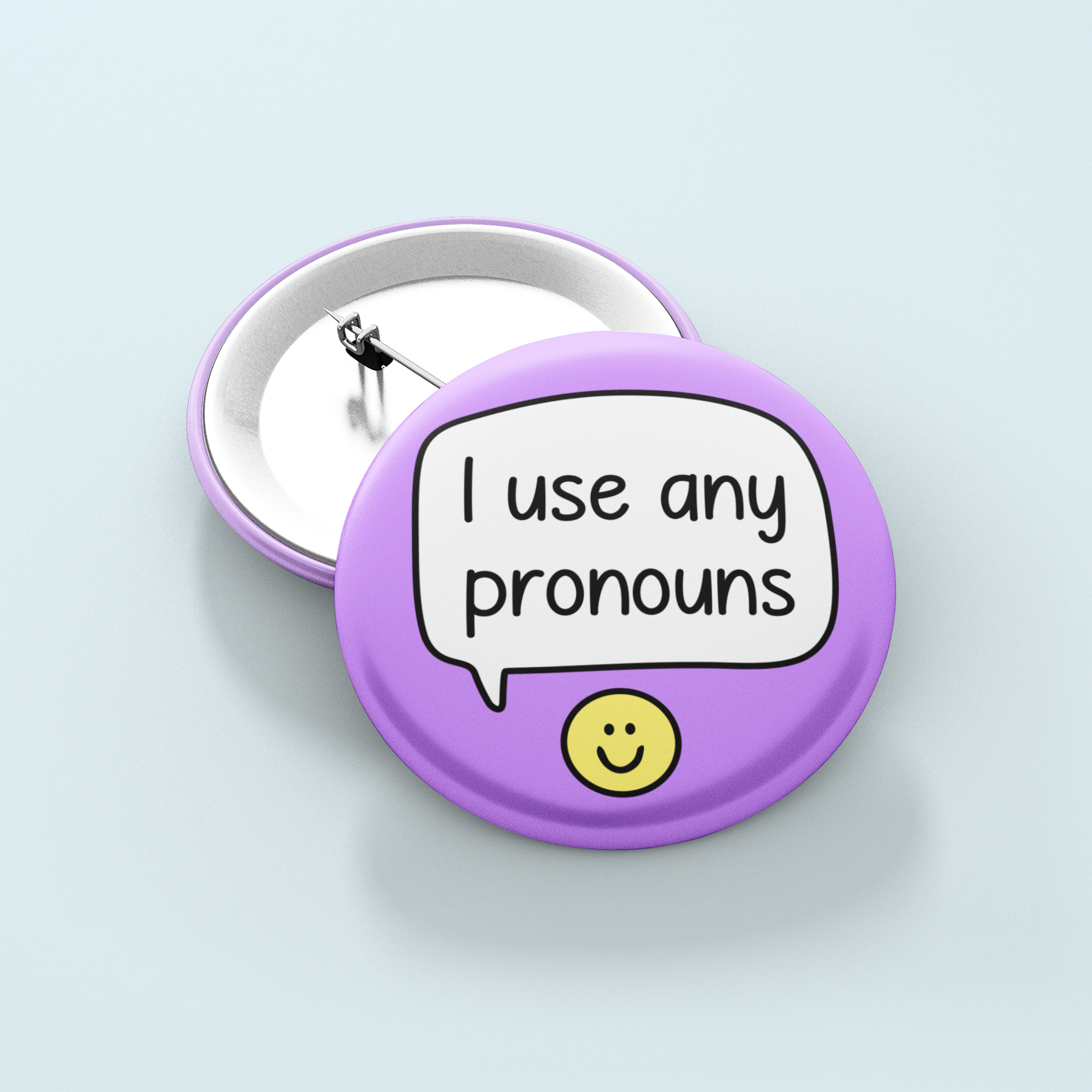 Purple button with 'I use any pronouns' text on a light purple background