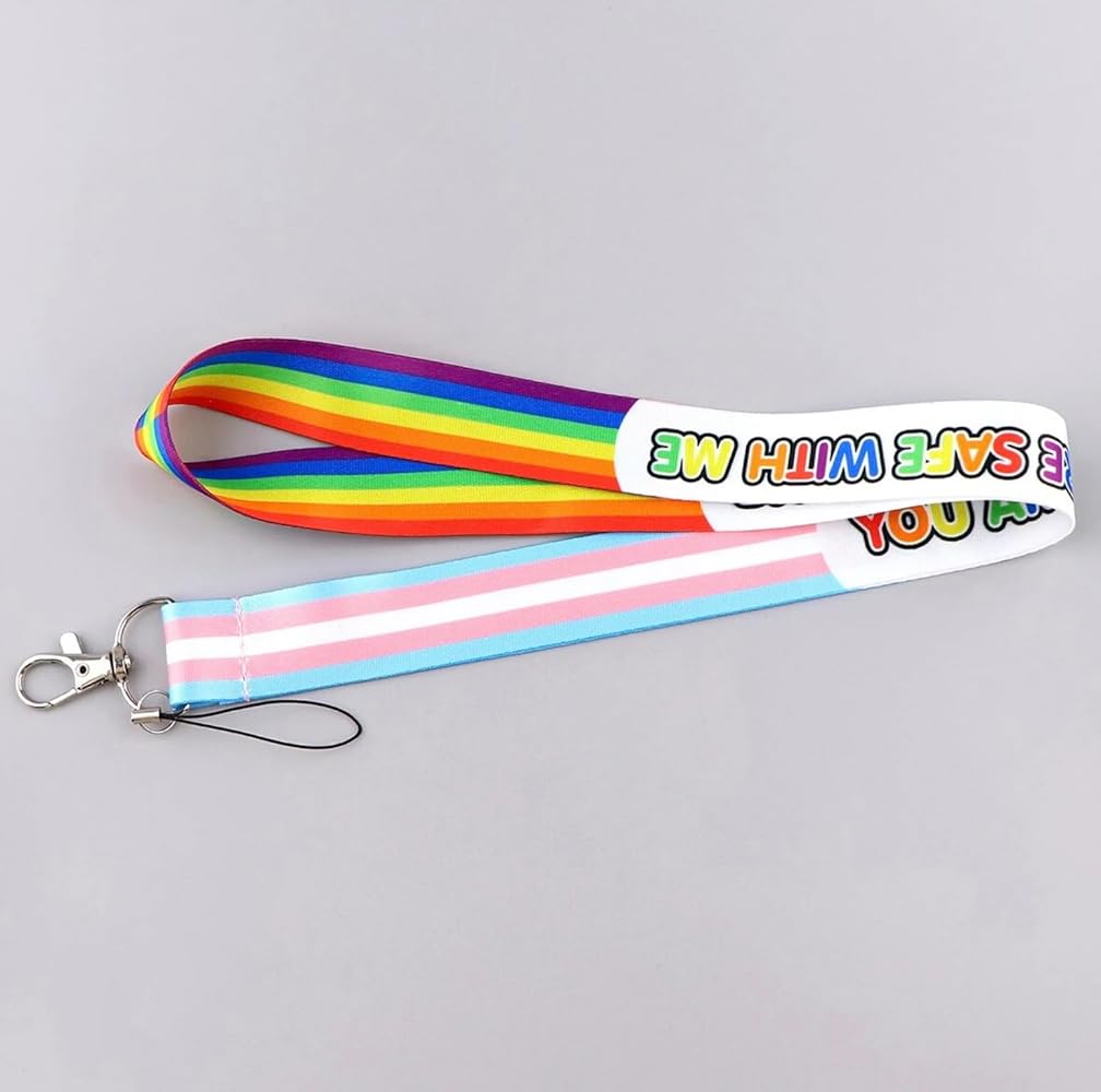 Lanyard with rainbow and striped design on a gray background