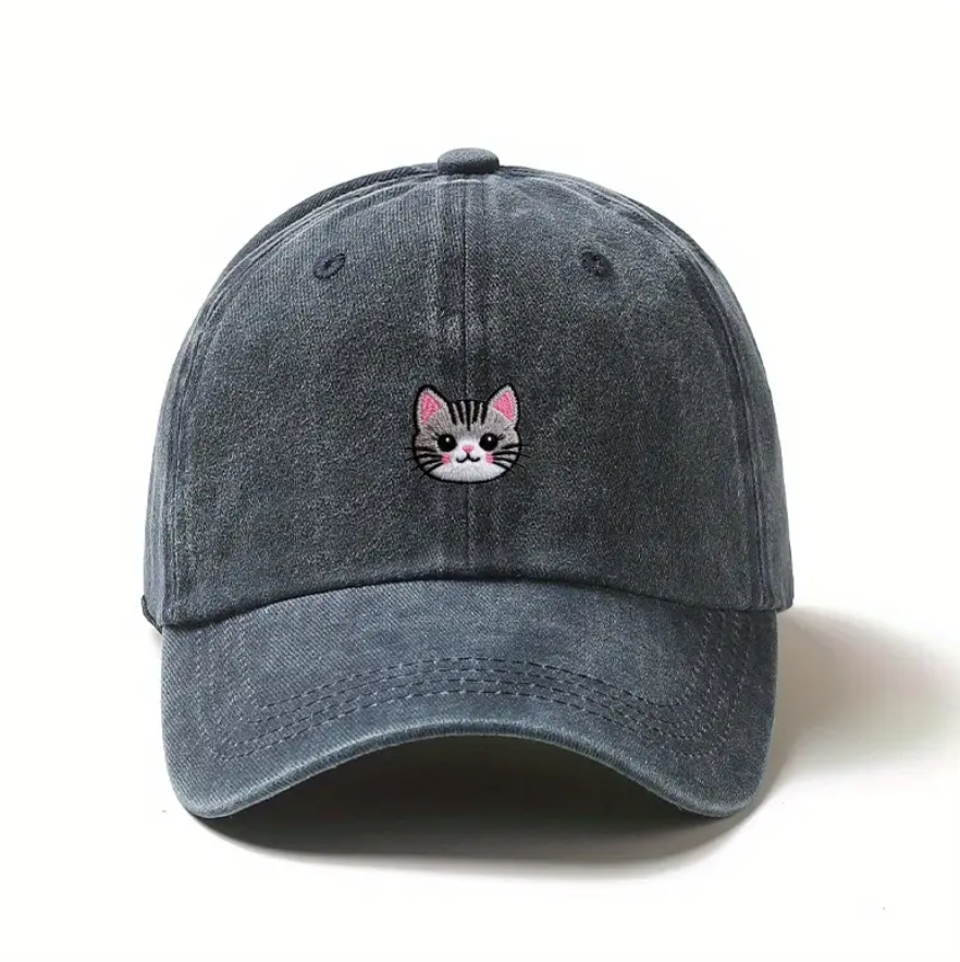 Gray baseball cap with a cat face embroidery on a white background