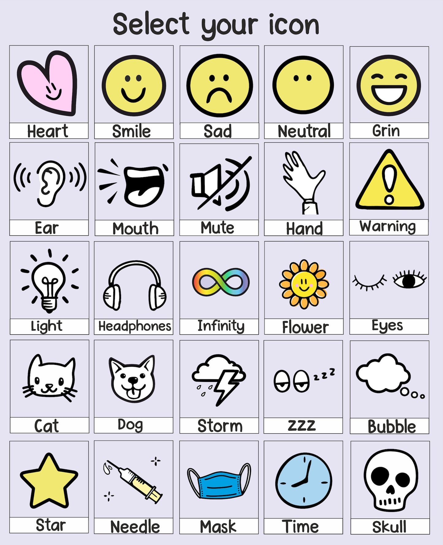 Set of various icons including heart, smile, sad, neutral, grin, ear, mouth, mute, hand, warning, light, headphones, infinity, flower, eyes, cat, dog, storm, zzz, bubble, star, needle, mask, time, and skull on a light gray background.