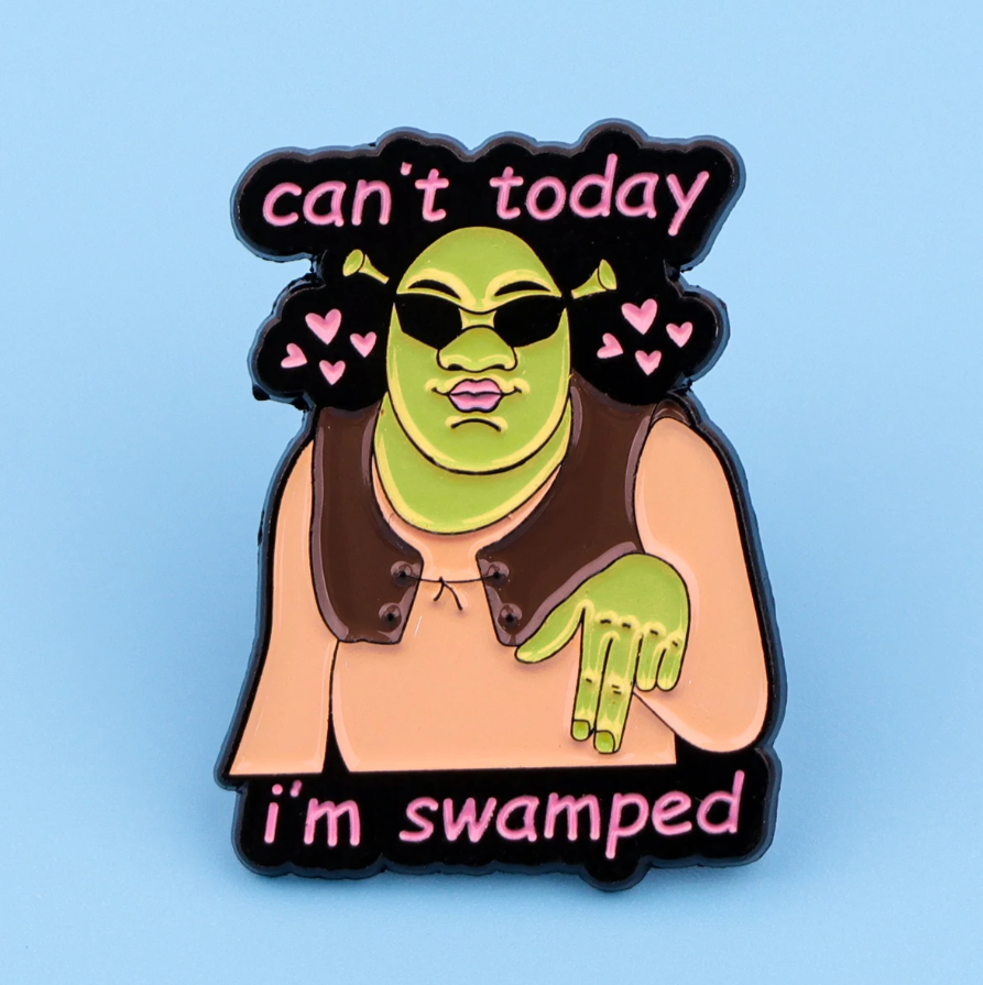 Illustration of a character with sunglasses and text 'can't today, I'm swamped' on a blue background