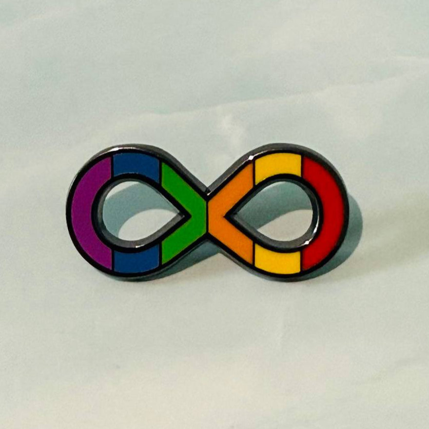 Rainbow-colored infinity symbol on a light gray background
