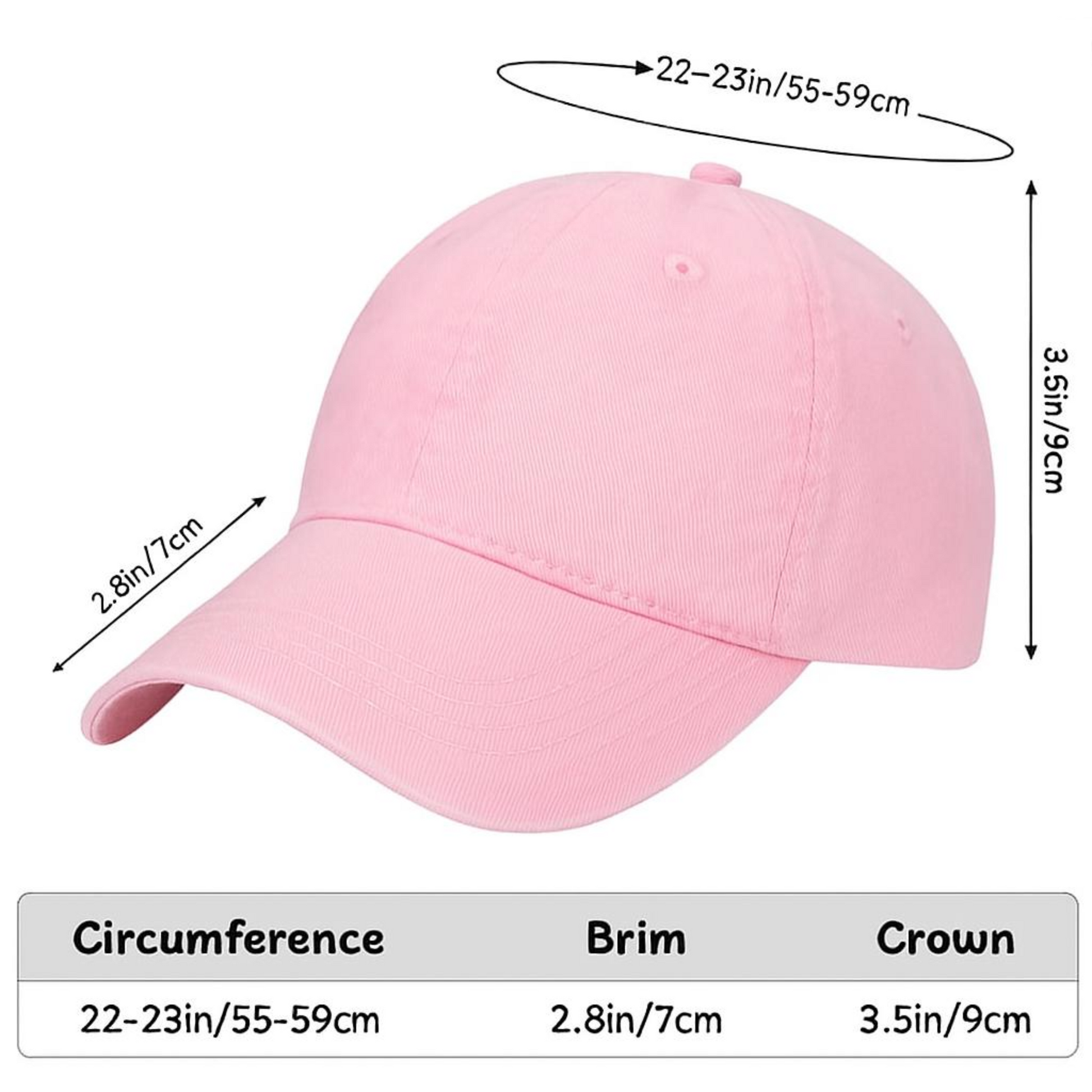 Pink baseball cap with measurements on a white background