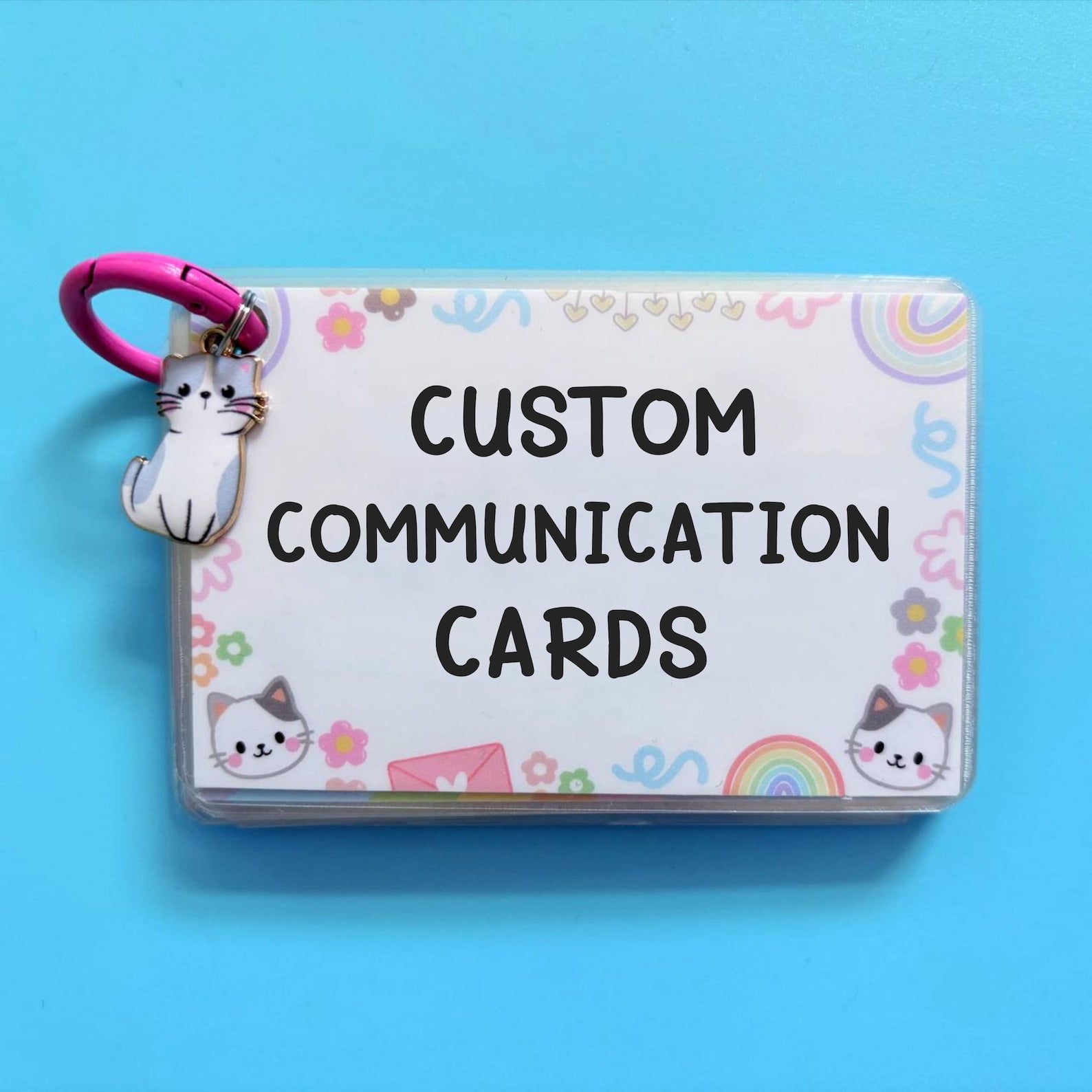 Card holder with 'Custom Communication Cards' text on a blue background