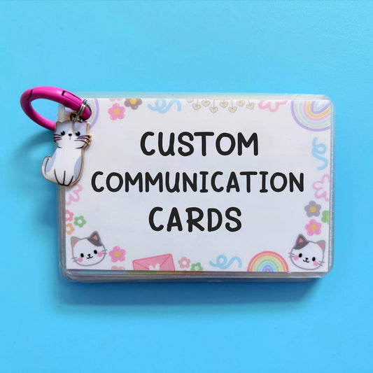 Card holder with 'Custom Communication Cards' text on a blue background