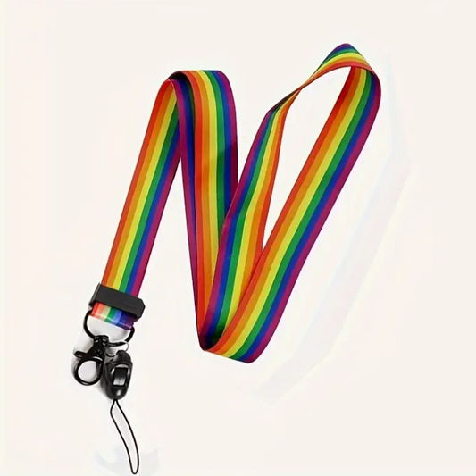 Rainbow striped lanyard with a black clip on a white background