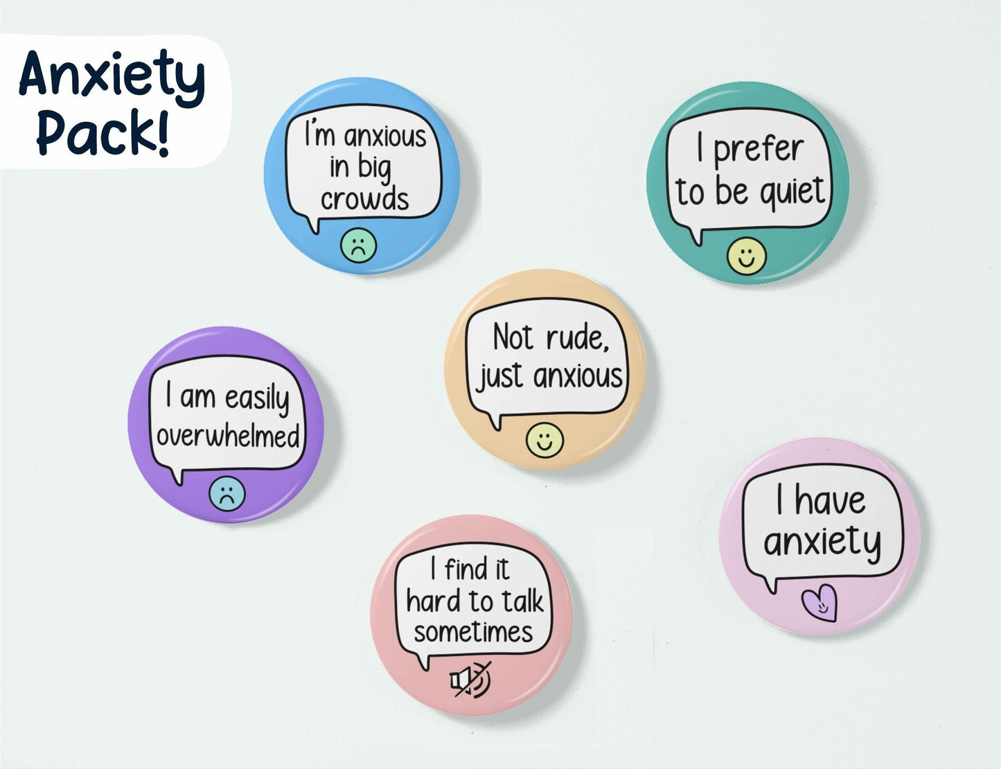 Anxiety Badge Set | INCLUDES 6 badges | Friendship Gifts - Badge Packs
