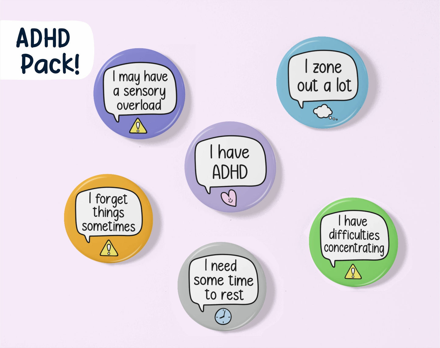 ADHD Badge Set | INCLUDES 6 badges | Badge Packs - ADHD Gift