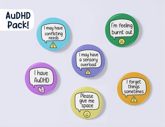 AuDHD Badge Set | INCLUDES 6 badges | Badge Packs - Autism Gift - AuDHD